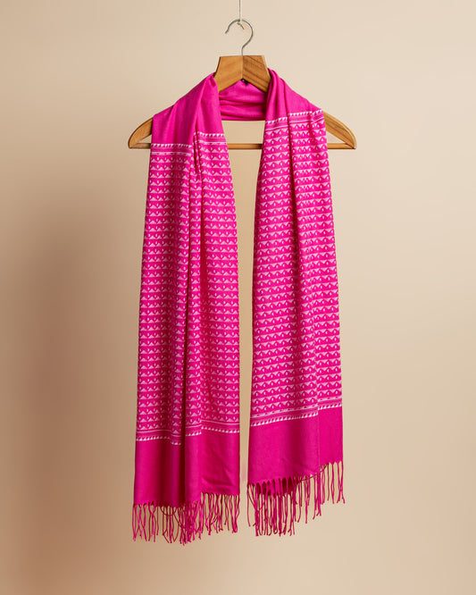 Sciarpa casual color rosa orchidea stampata a mano con frange