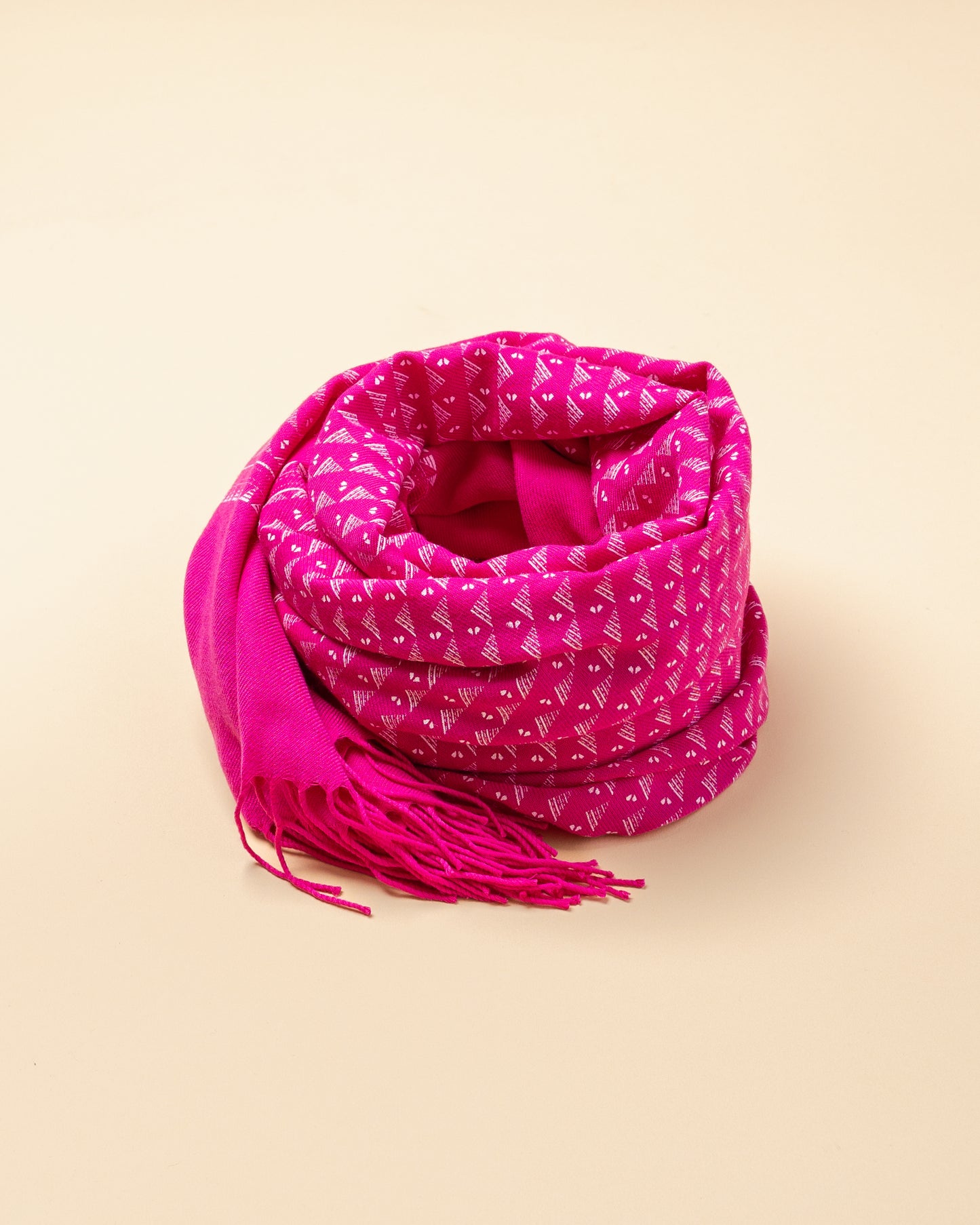 Sciarpa casual color rosa orchidea stampata a mano con frange