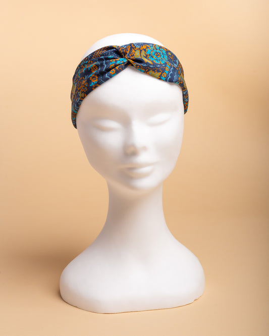 Fascia per capelli in seta Blu con motivi floreali tradizionali dei Balcani