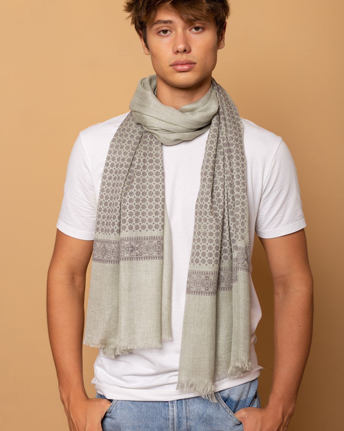 Hand-printed Wool and Modal Scarf in Lemon Grass color