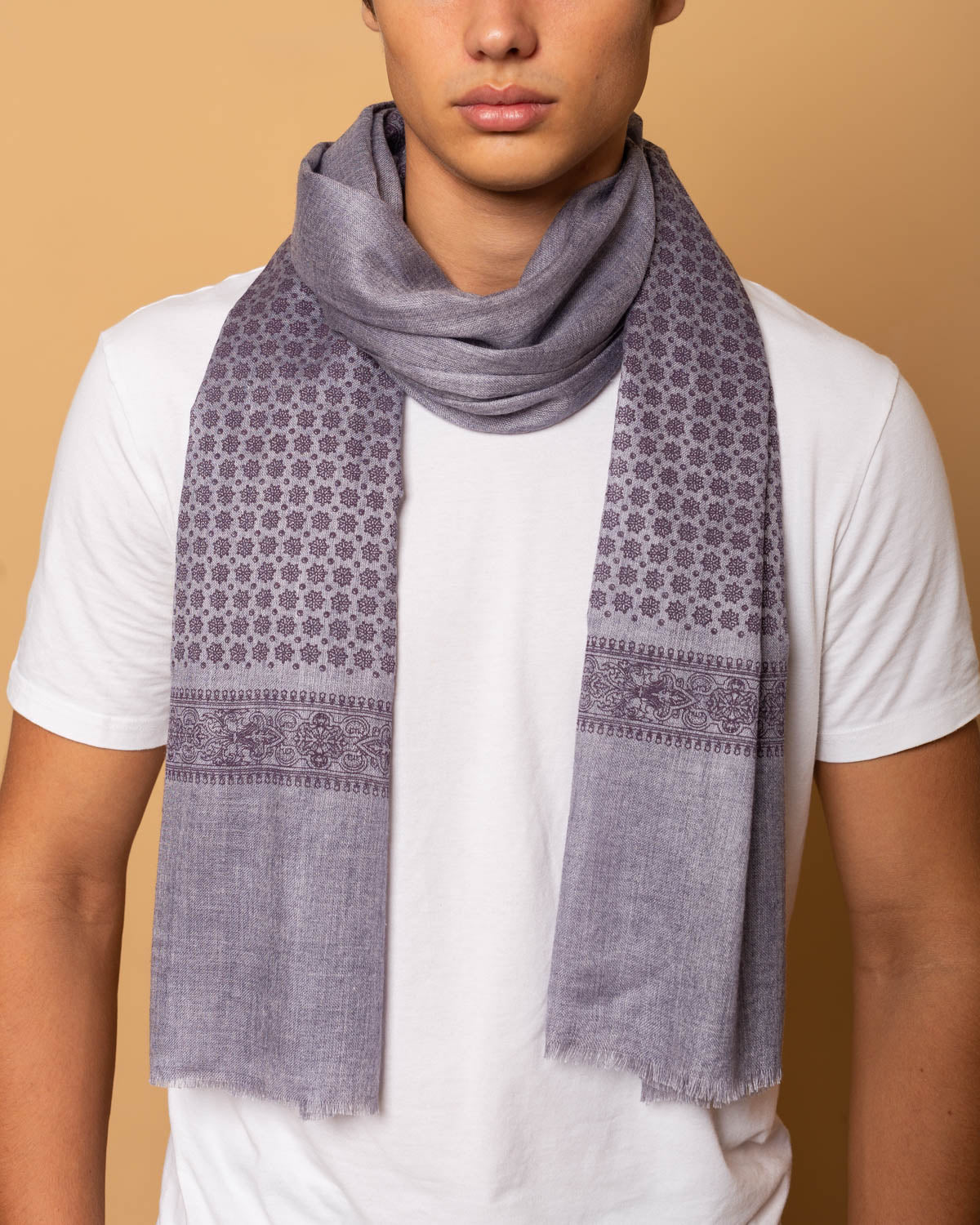 Hand-printed Wool and Modal Scarf in Topaz Purple color