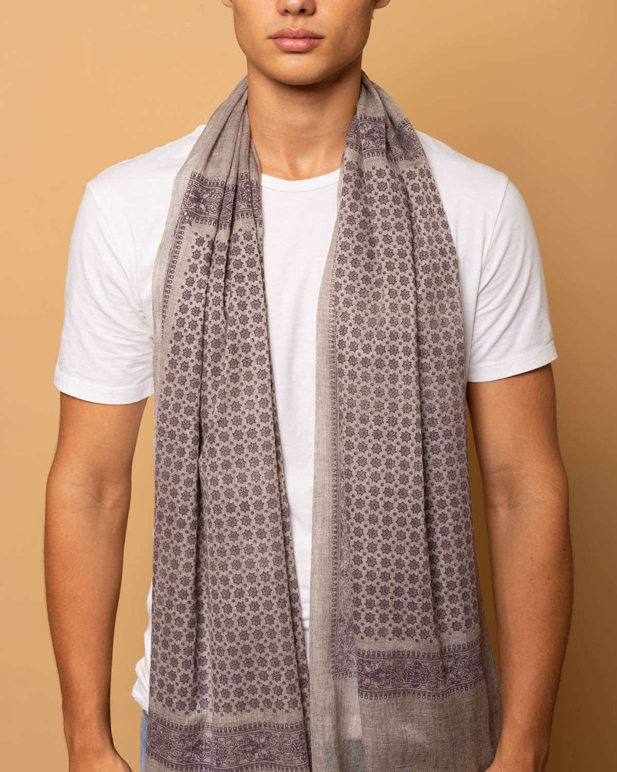 Hand Printed Wool and Modal Scarf in Warm Gray