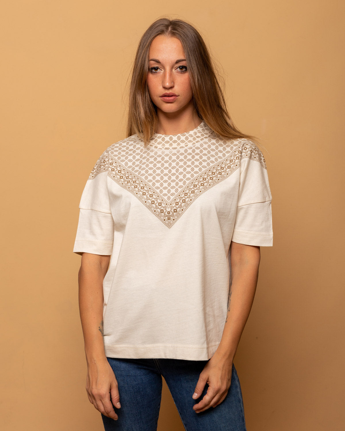 Beige Hand Printed Unisex Oversize T-Shirt - 002