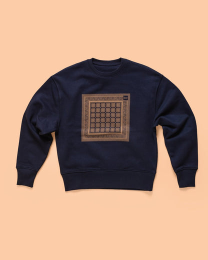 Hand-printed Navy Blue sweatshirt in 90's style fleece cotton - 001
