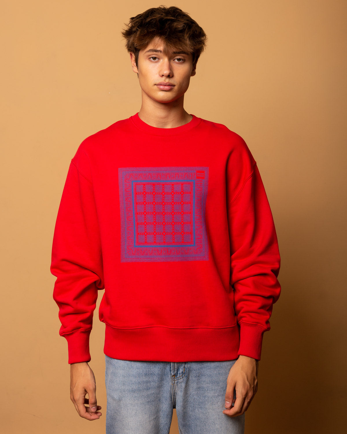 Hand-printed red sweatshirt in 90's style fleece cotton - 002