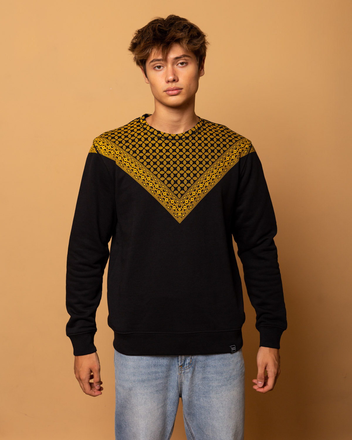 Black sweatshirt in fleece cotton hand printed in Yellow - 001