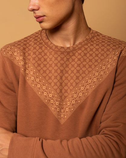 Hand-printed sweatshirt in Moka-colored fleece cotton - 011