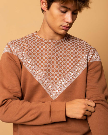 Hand-printed sweatshirt in Moka-colored fleece cotton - 012