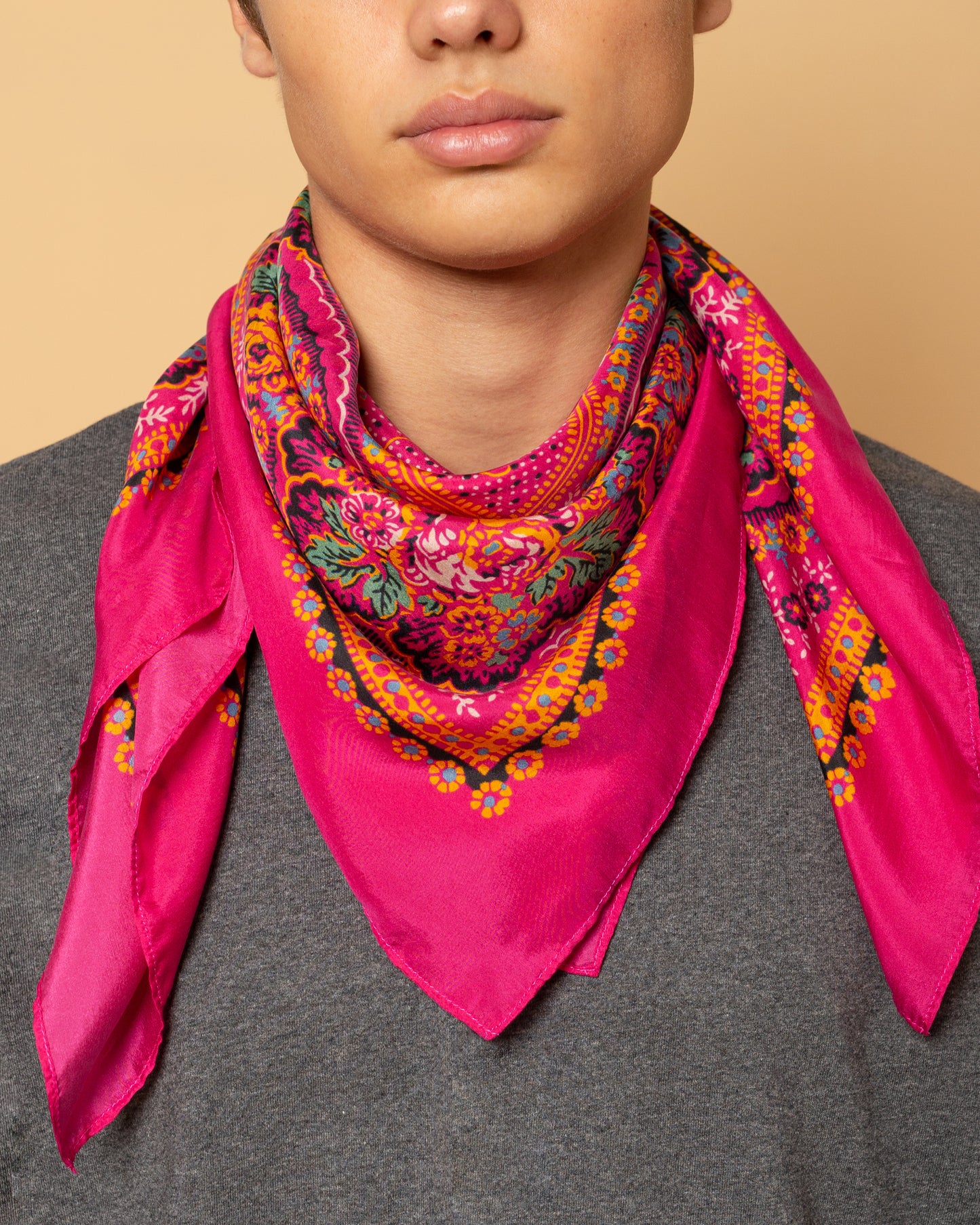 Fuxia silk scarf with traditional Balkan floral motifs