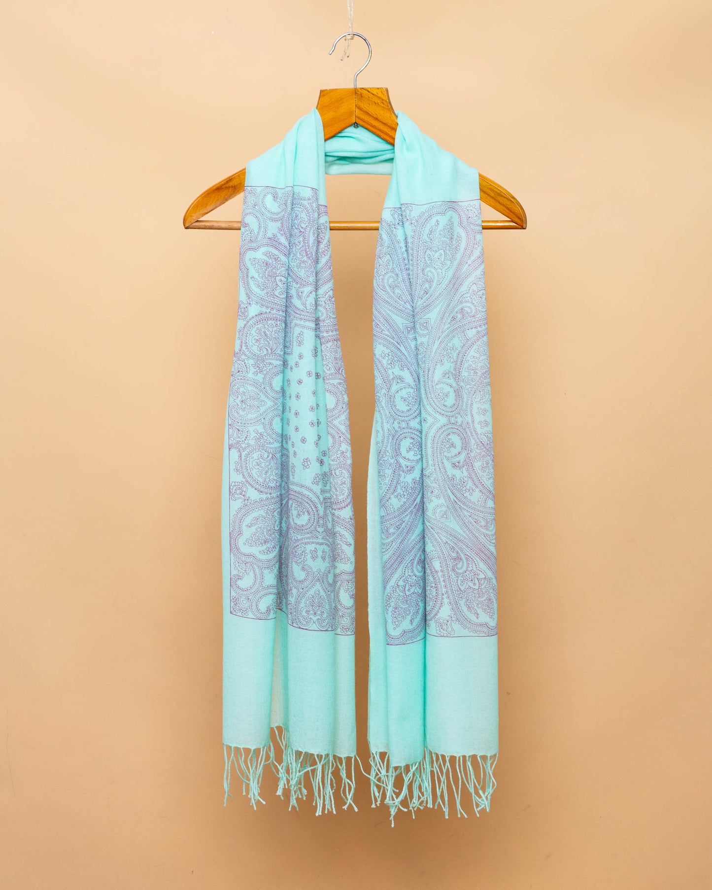 Water Green Scarf in Hand Printed Wool and Cashmere