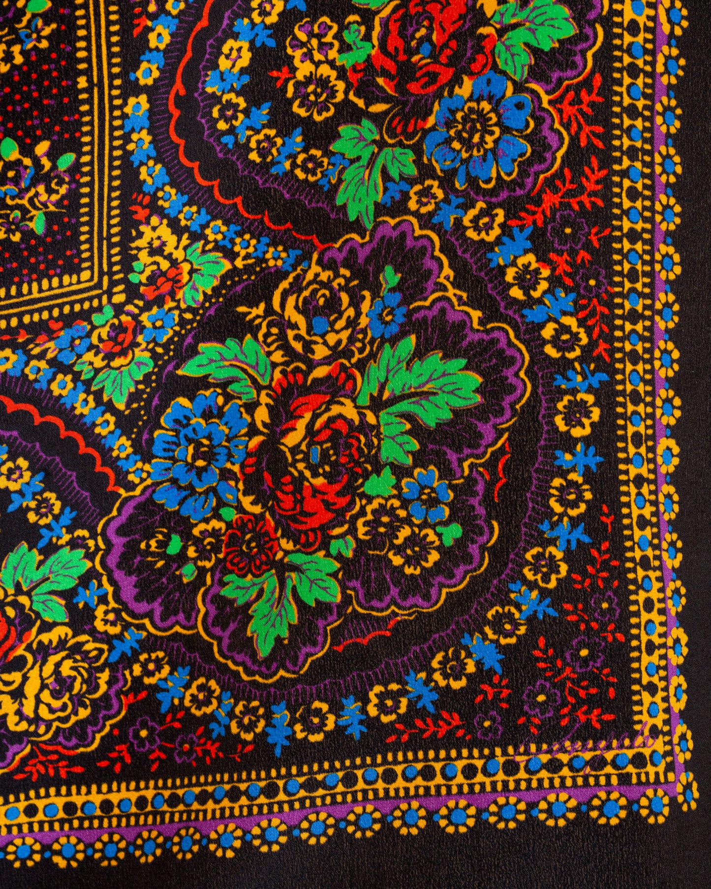 Fuxia silk scarf with traditional Balkan floral motifs