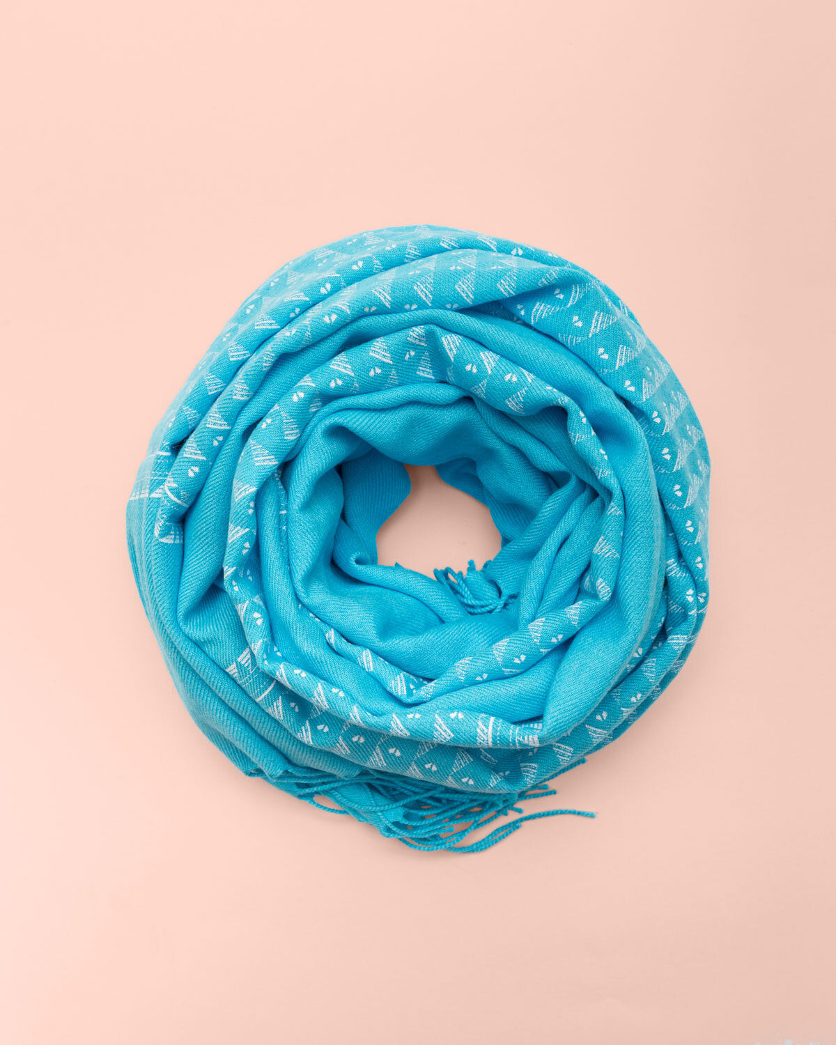 Hand printed light blue scarf with fringes - 001
