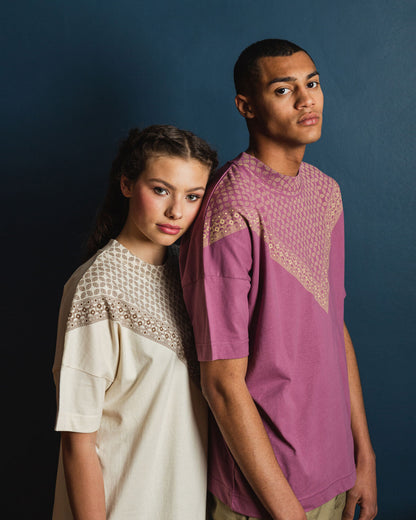 Oversize unisex hand-printed T-Shirt in Mauve - 001